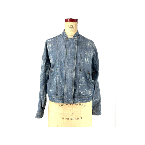 Free People Tattered Tennis Bomber Jean Jacket Indigo XS - Picture 1 of 9